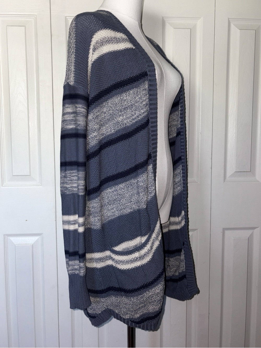 St John's Bay Cotton Summer Cardigan Size Medium | Blue Striped Coastal Grandma